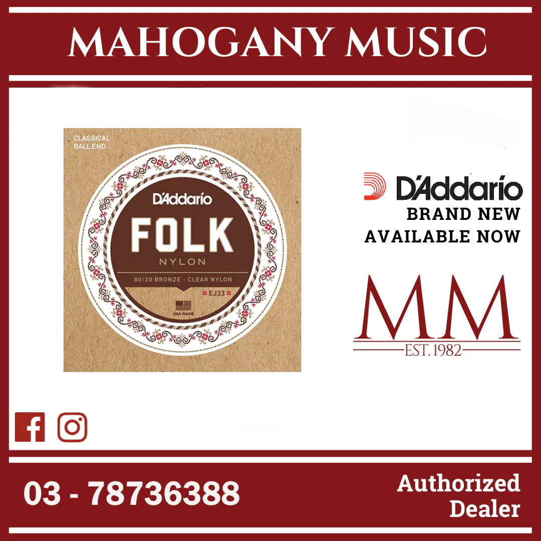 D'Addario EJ33 80/20 Bronze/Clear Nylon Classical Guitar Strings, Normal Tension Ball End