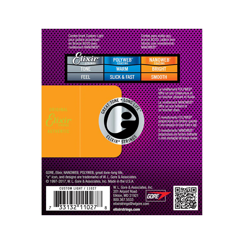 Elixir 11027 Nanoweb 80/20 Bronze Acoustic Guitar Strings, Custom Light, 11-52 - Image 2