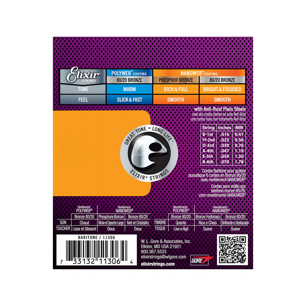 Elixir 11306 Nanoweb 80/20 6-String Baritone Acoustic Guitar Strings 16-70 - Image 3