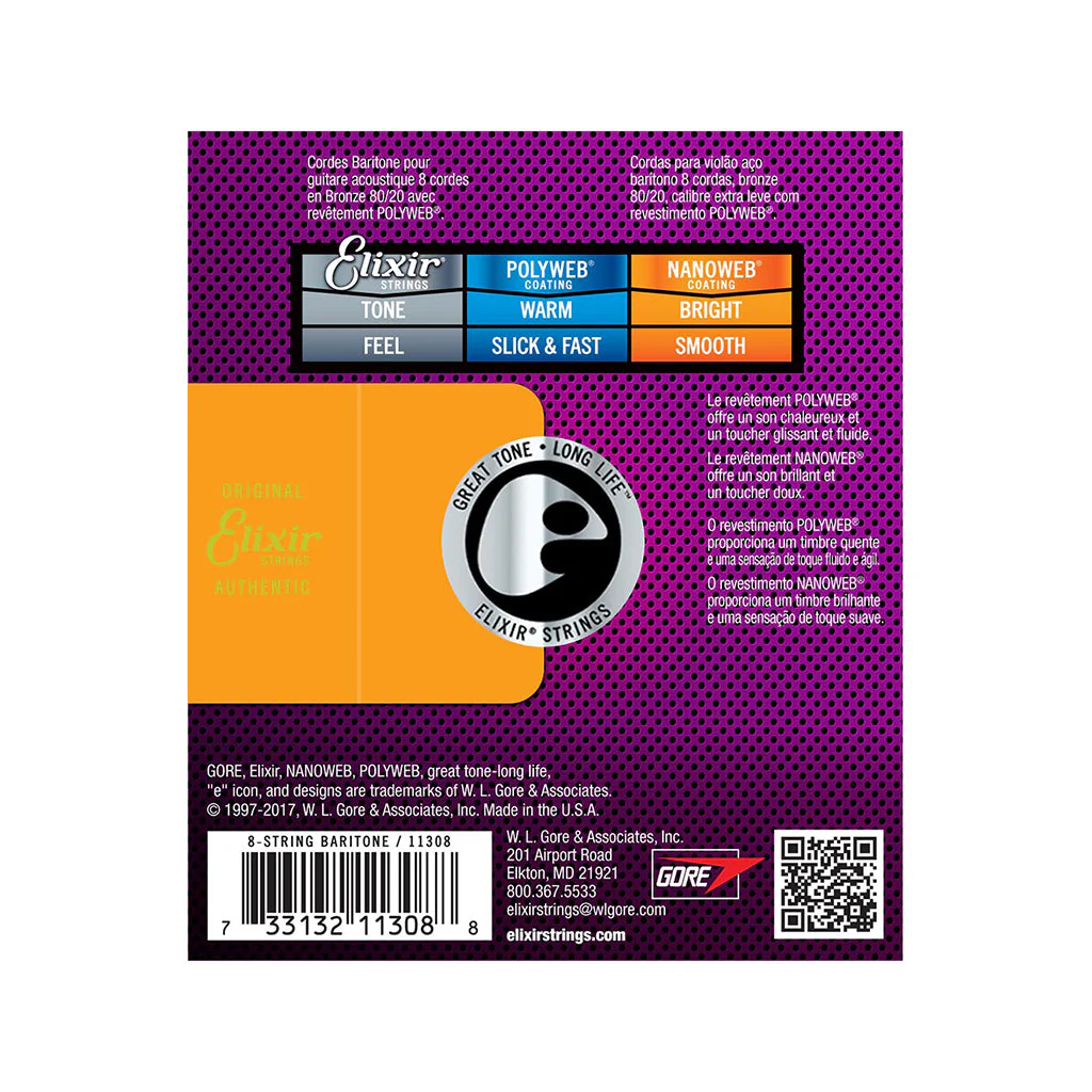 Elixir 11308 Nanoweb 80/20 8-String Baritone Acoustic Guitar Strings 16-70 - Image 2