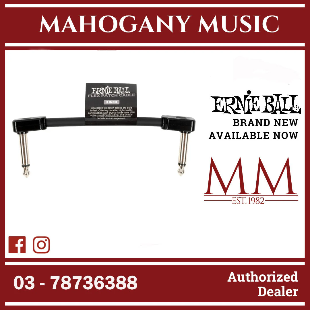 Ernie Ball P06438 FLEX Instrument Patch Cable 3 Inch Single, Black
