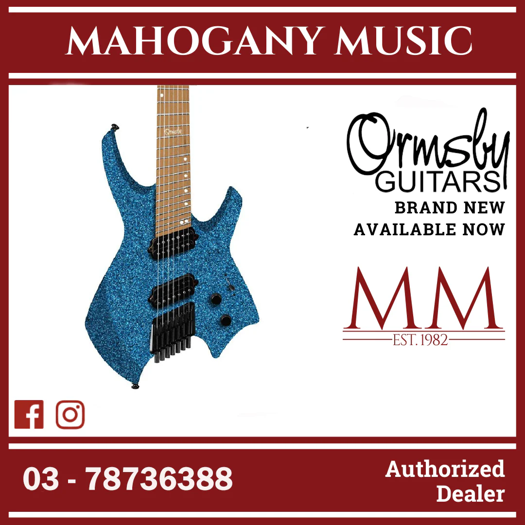 Ormsby Goliath GTR Blue Sparkle 7 string guitar