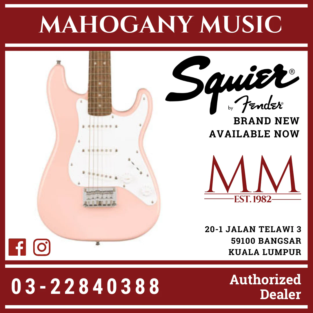 Squier Mini Stratocaster Electric Guitar, Laurel FB, Shell Pink